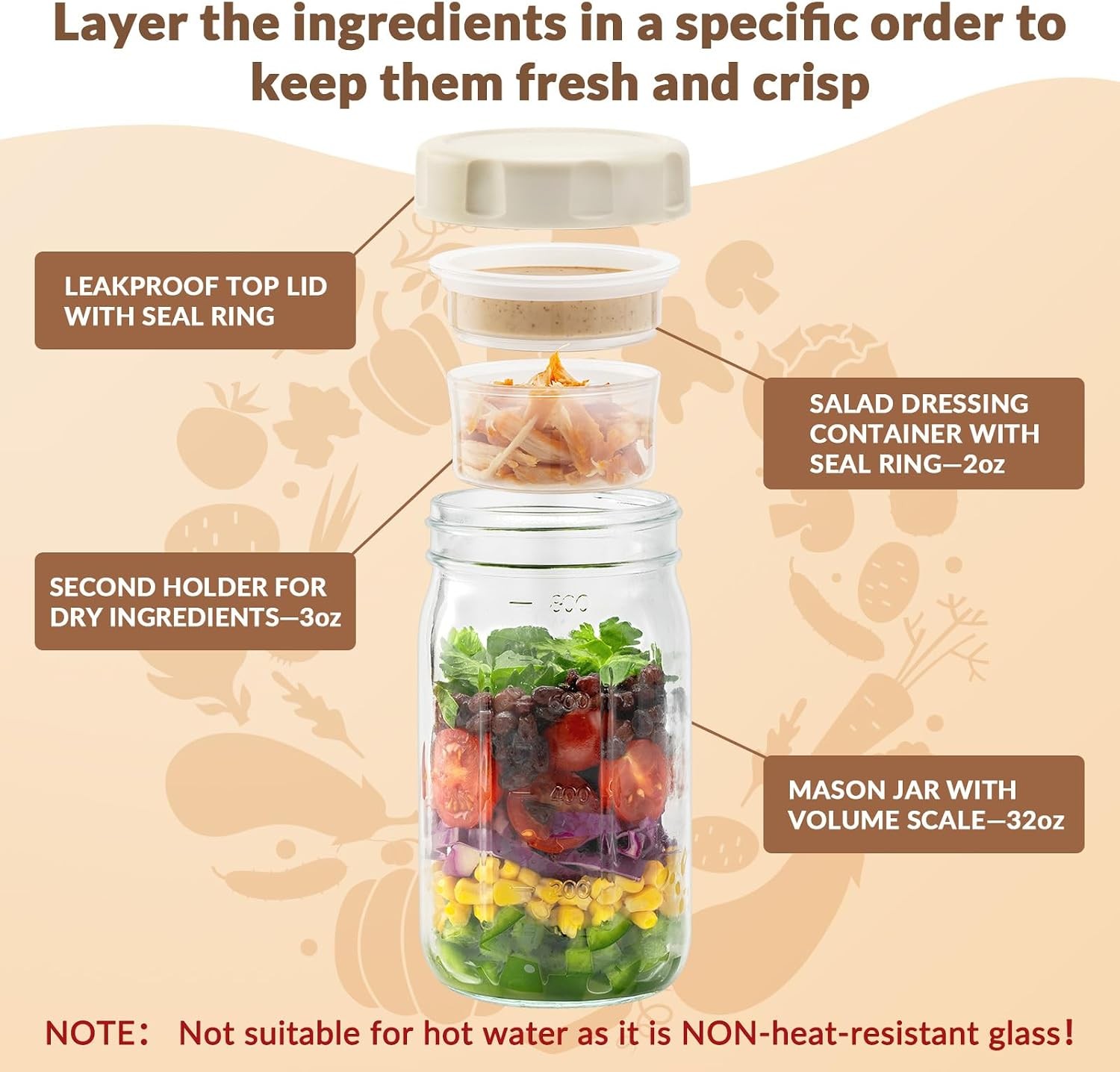 4 Pack Glass Salad Jars W/ Lids Meal Prep Leakproof Container Lunch Two Small