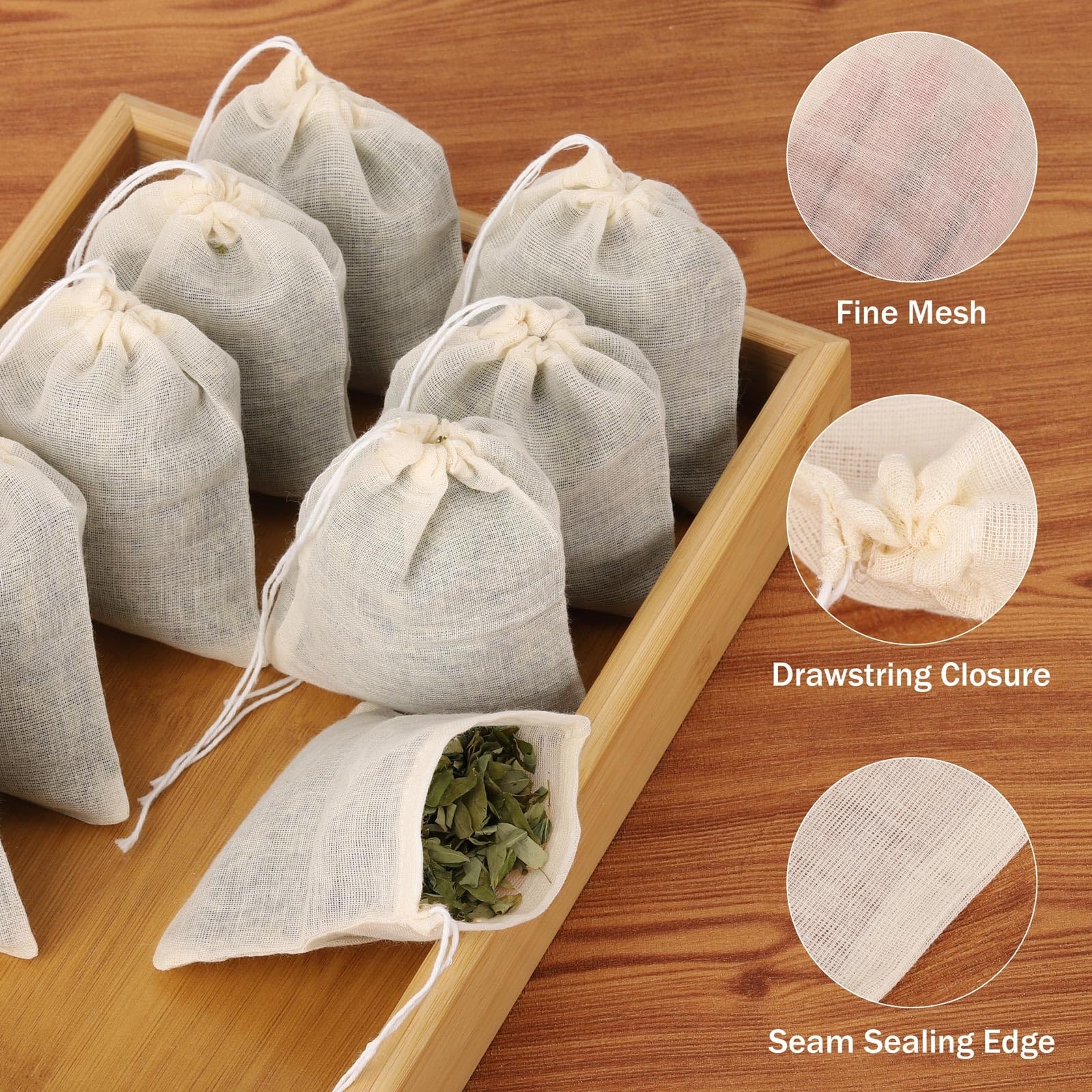 100Pcs Muslin Bags with Drawstring, 3×4 Inch Reusable Empty Tea S, White