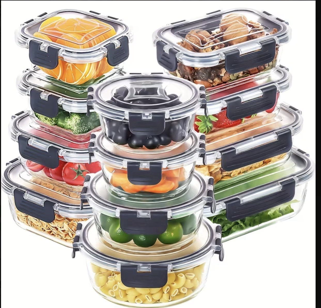 10 Glass Food Storage Containers Set, Snap Lids, Airtight, Leak Proof