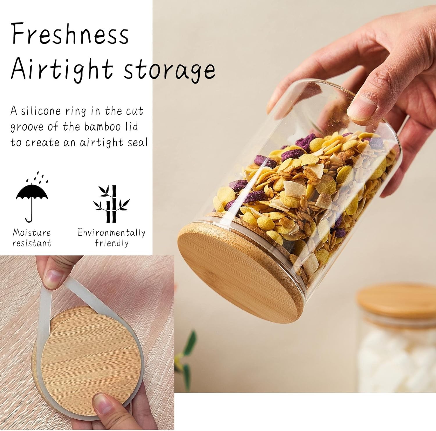 Elegant 15oz Glass Sugar Jar with Bamboo Lid & Spoon – Airtight Kitchen Canister