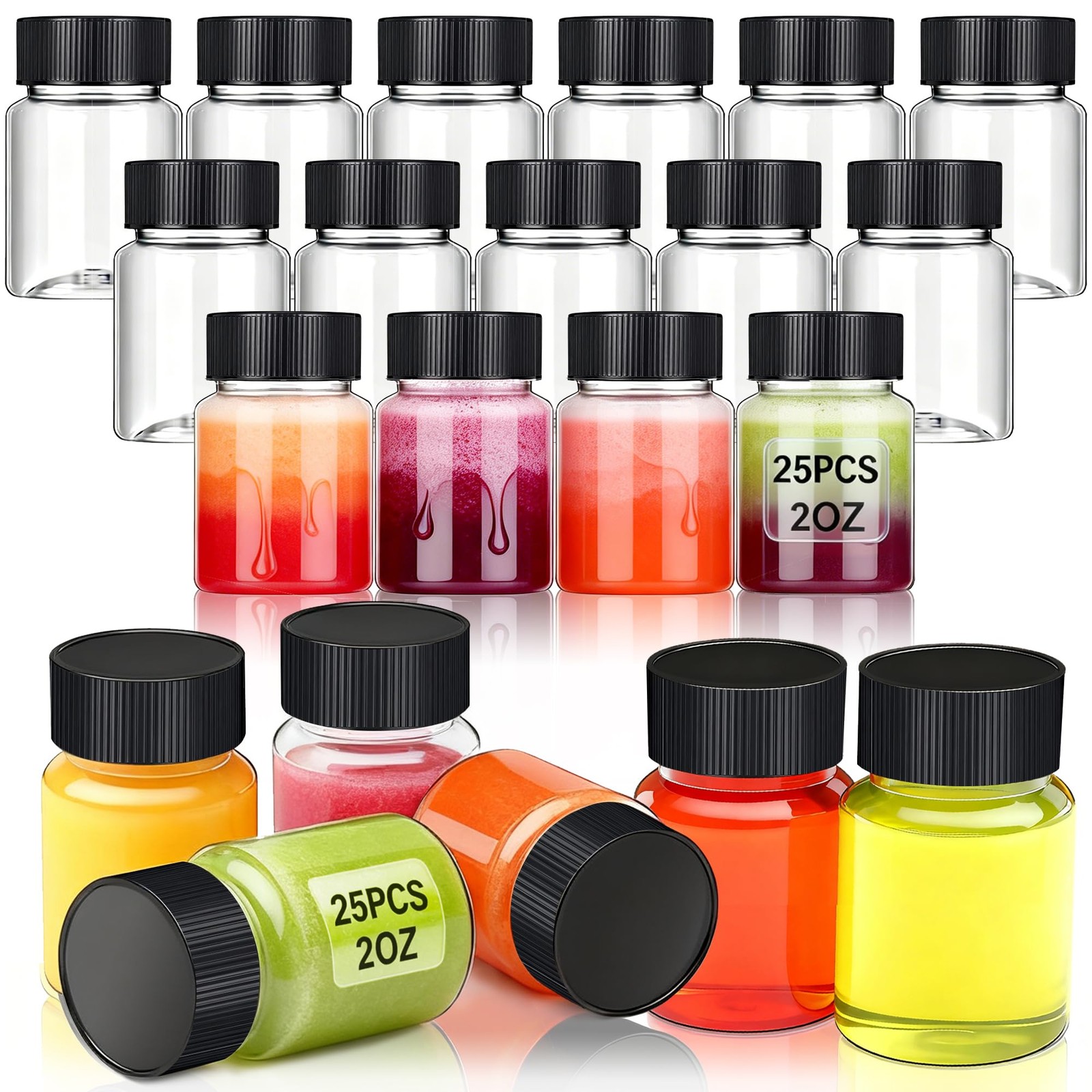25 Pack 2 oz Plastic Shot Bottles, Wide Mouth Containers with Caps for Ginger…