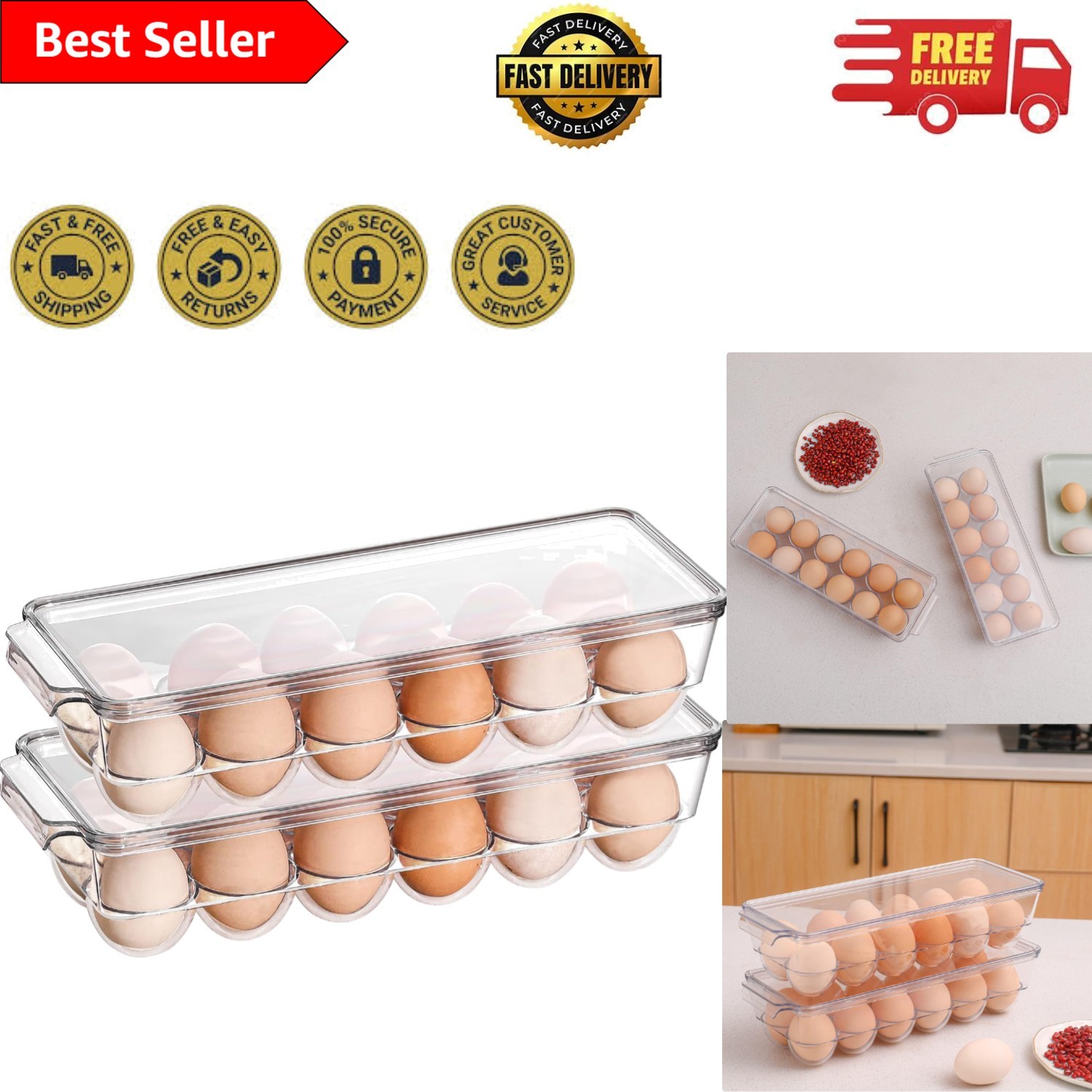 Elegant 2 Pack Clear Egg Holder – Stackable Refrigerator Organizer for 12 Eggs