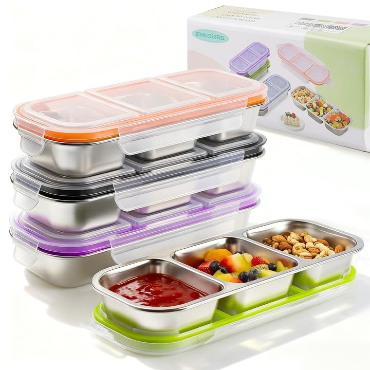 4 Pack Stainless Steel Snack Containers with Lids, 3-Compartments Reusable Lu…