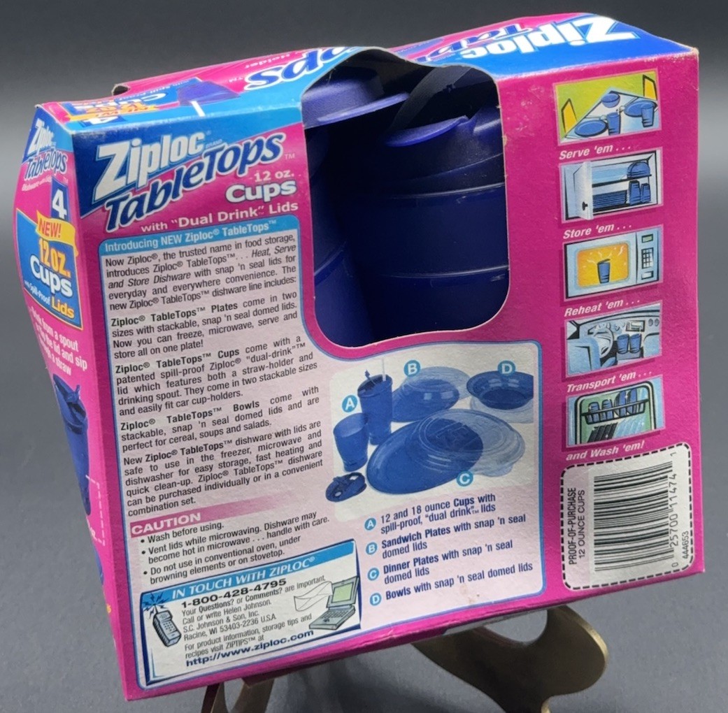 Ziploc TableTops Cups w/ Spill-Proof Lids Set 4 NEW Vintage 12 oz Discontinued