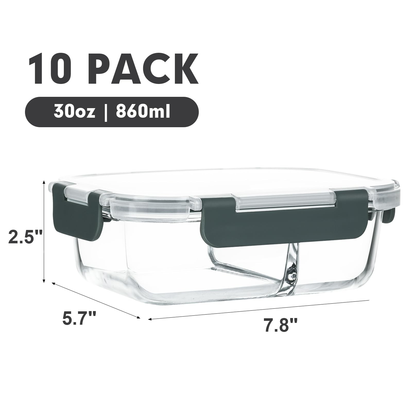 10~Pack 30 Oz Glass Meal Prep Containers, 2~Compartment Airtight with Lids