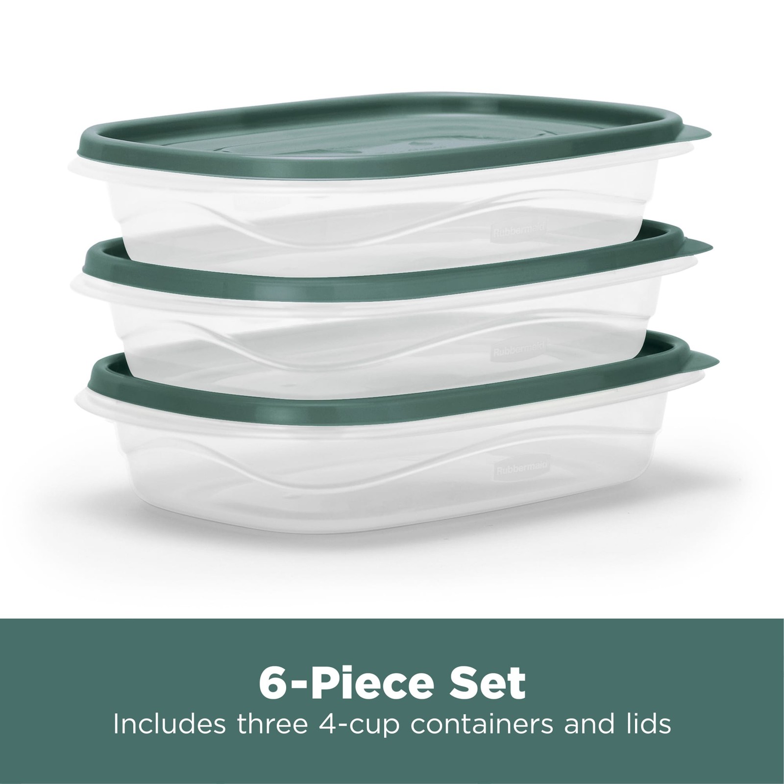 Rubbermaid Clear Food Storage Container with Lid, 4 Cup, Green, Pack of 3