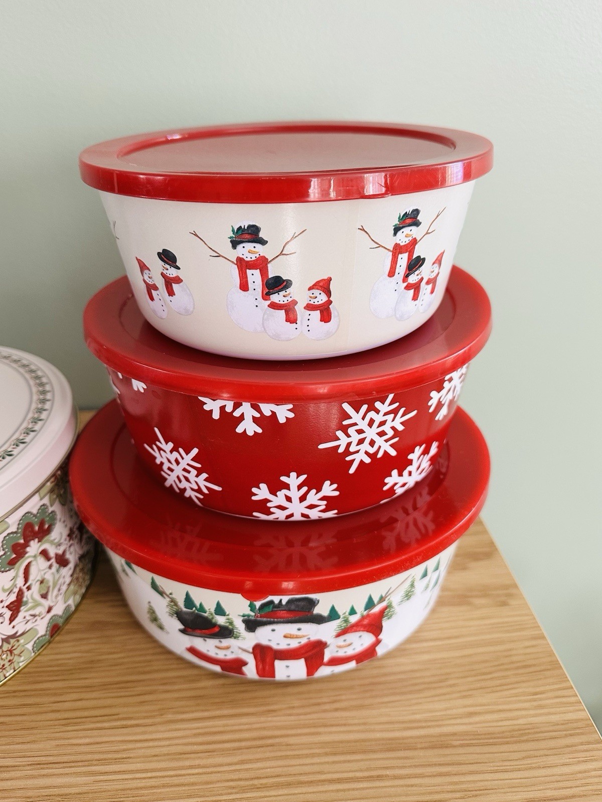 Christmas Holiday Bowl Set with Tin, Snap Lids, Snowman, 4-Piece