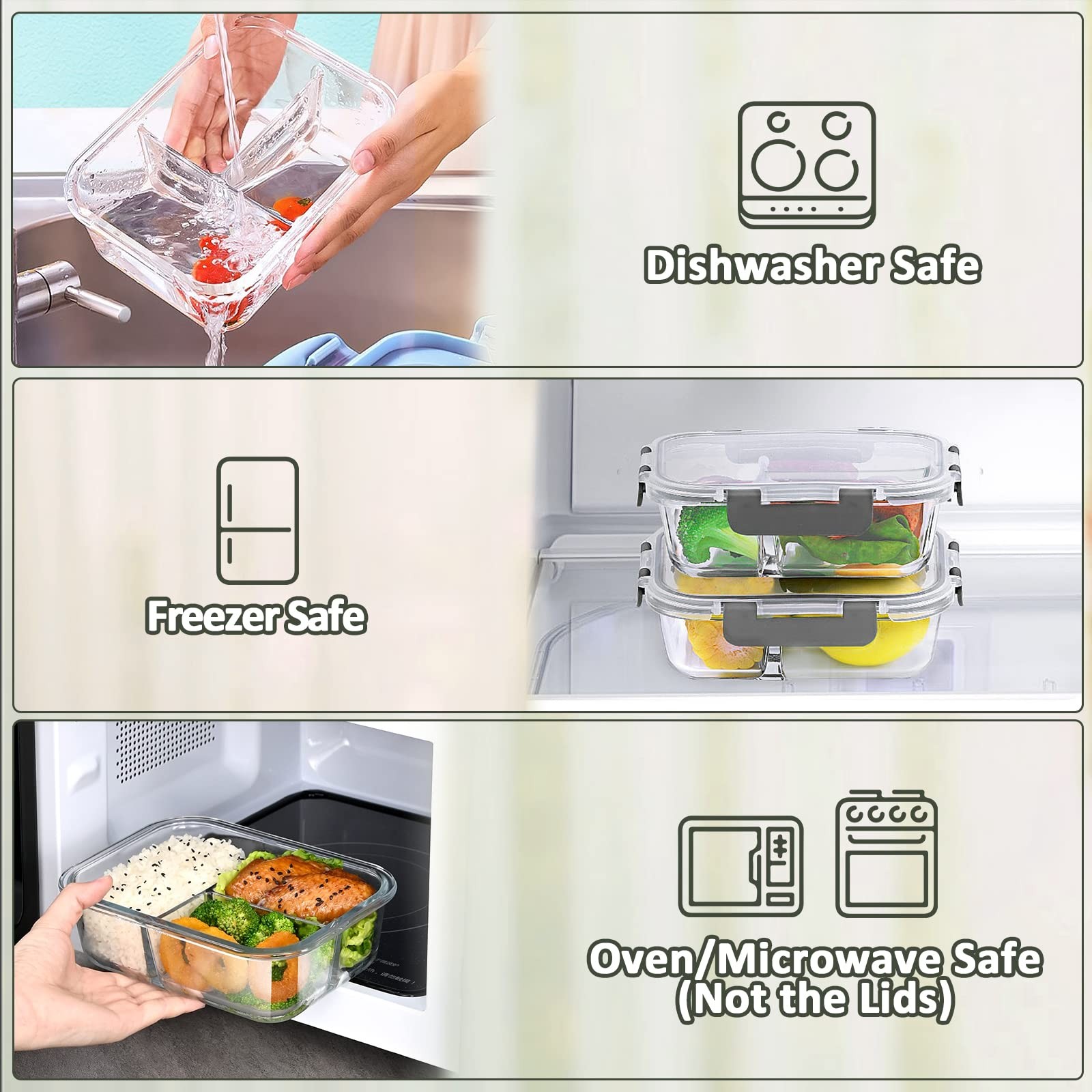 [5-Pack, 36 oz] Glass Meal Prep Containers 3 Compartment with Lids, Glass Lun…