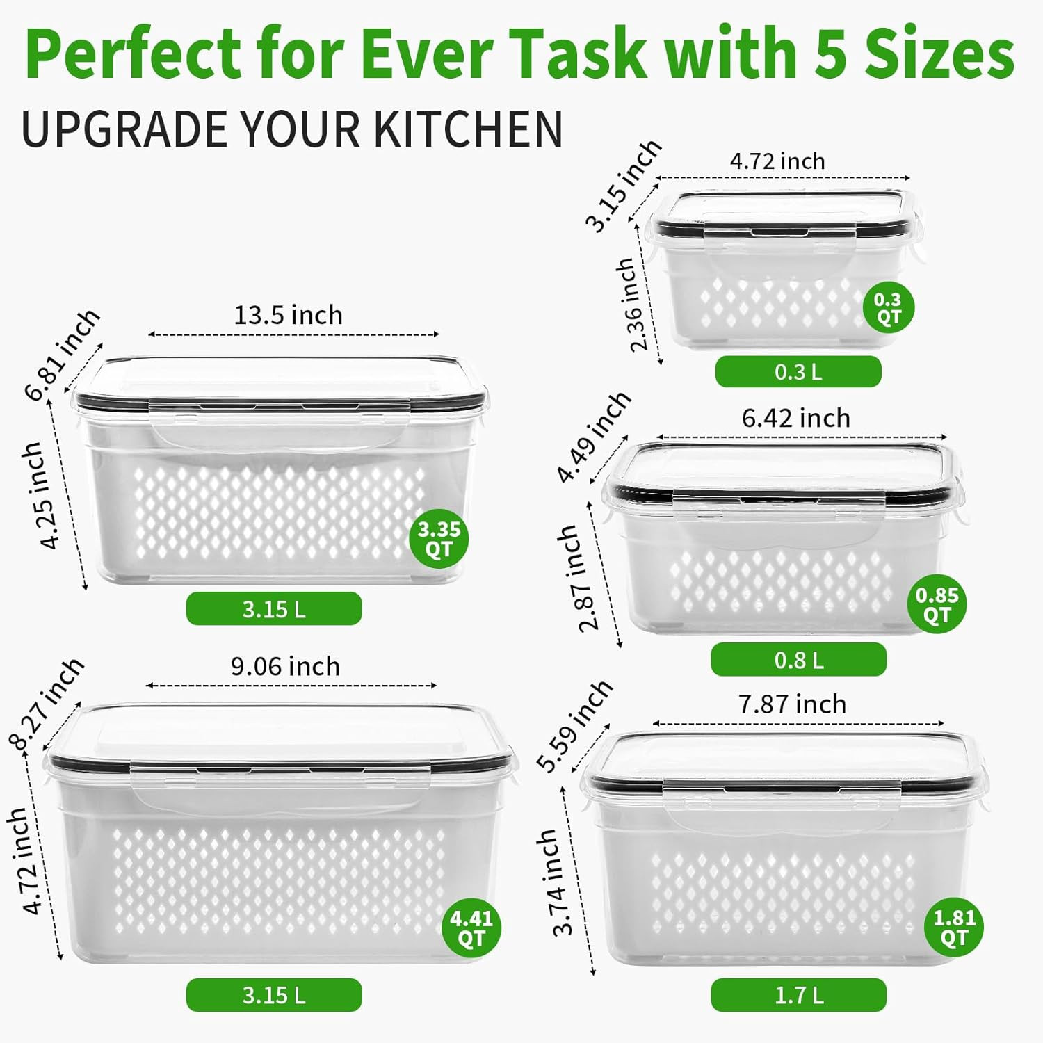 5-Pack Large Fruit Storage Containers for Fridge with Removable Colander, 2 i…