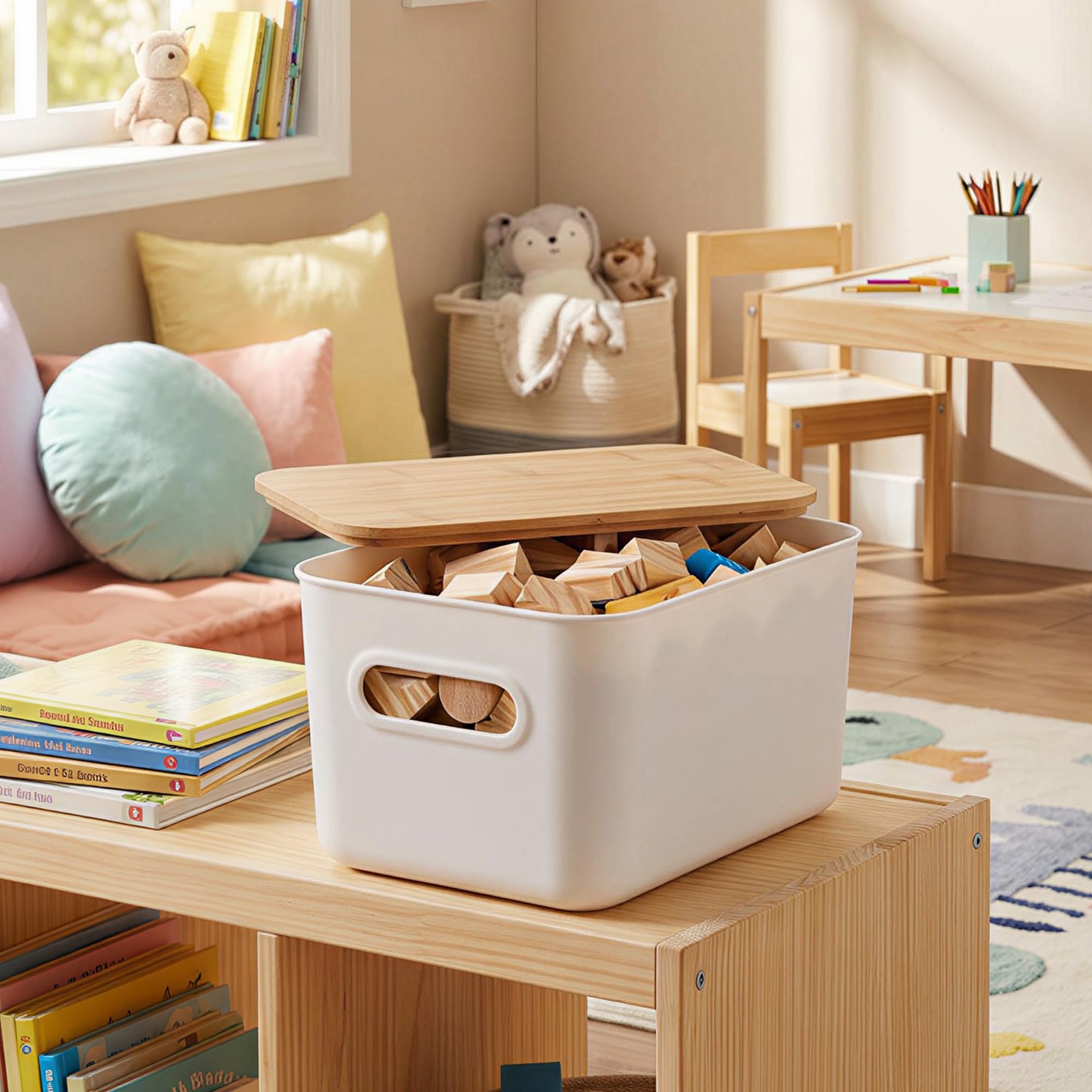 Bamboo Lid Storage Bins 7QT Stackable Organizer Boxes with Handle, 4 Pack
