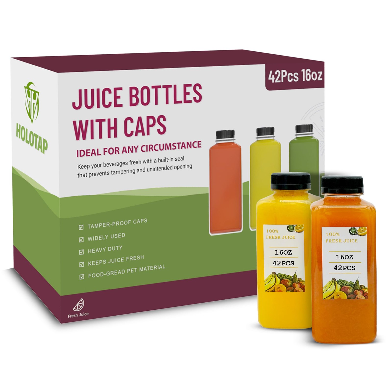 42 PCS 16 Oz Plastic Juice Bottles Tamper Evident Caps Black Empty Containers