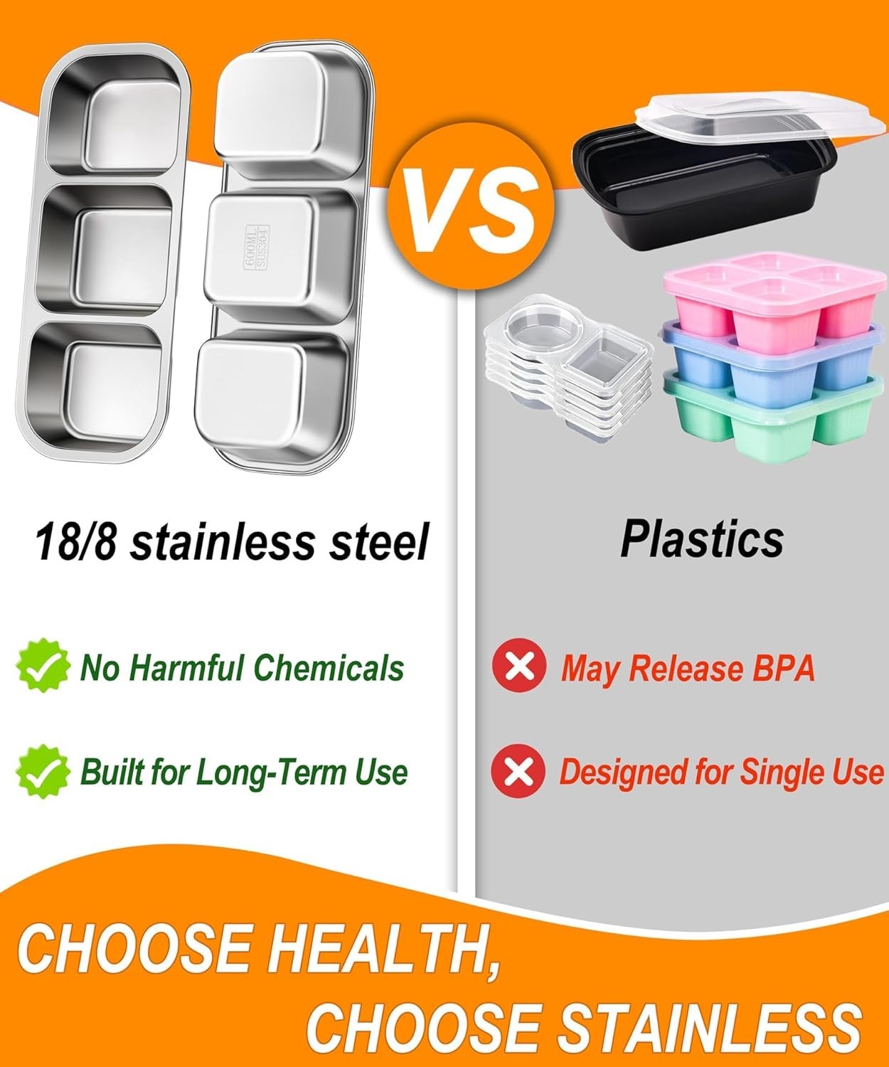 Stainless Steel Snack Container Large Leak-Proof 3-Compartment Lunch Box