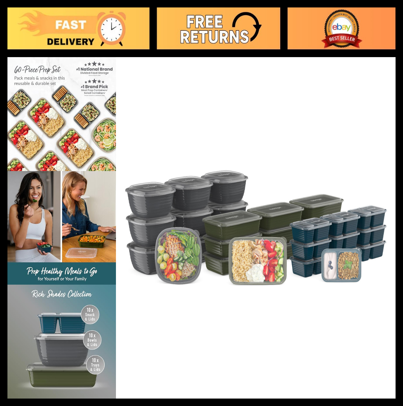 60-Piece Meal Prep Kit – Reusable BPA-Free Food Containers, Trays & Snack Boxes
