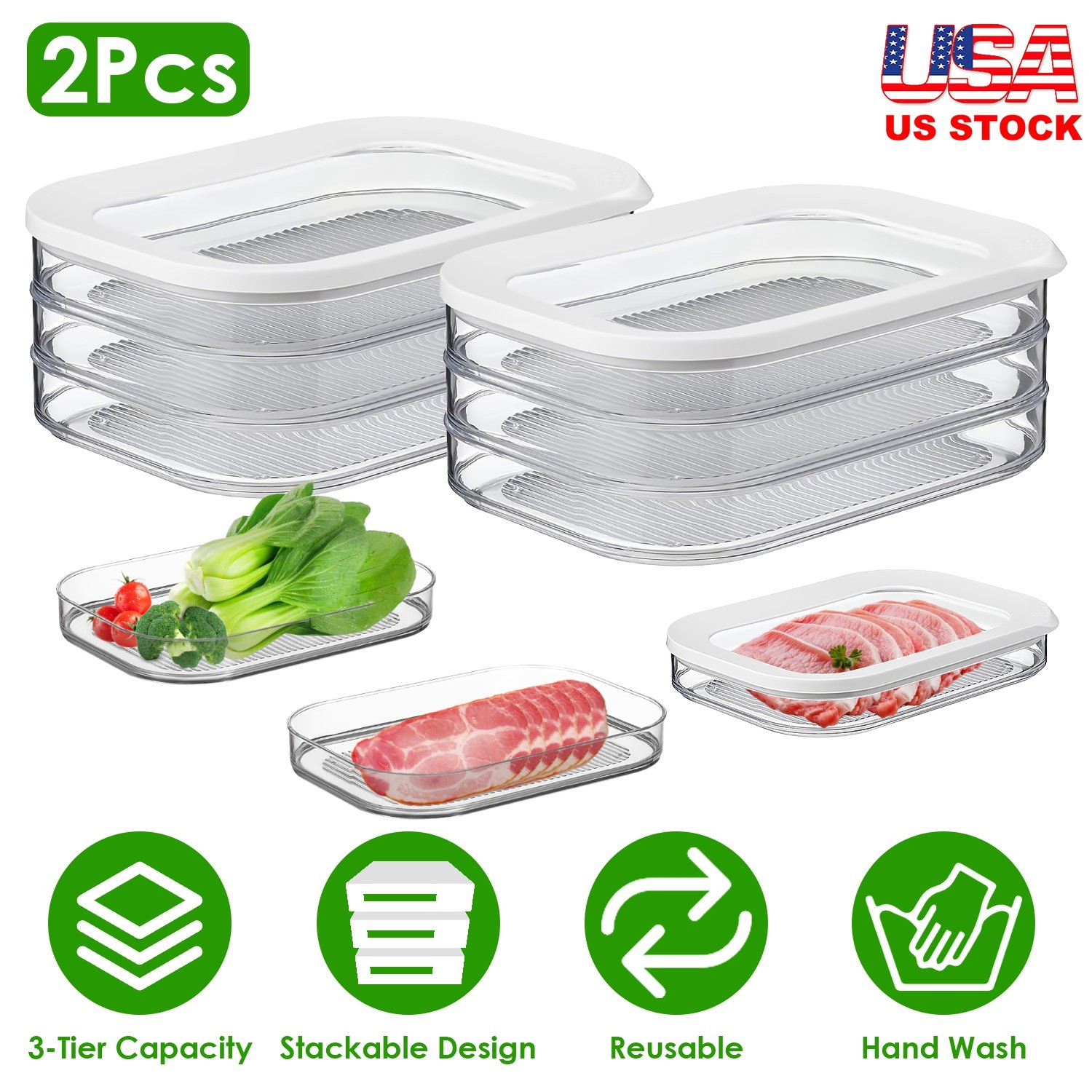 2pcs 3-Tier Meat Container Stackable Food Storage Boxes with Lid for Fridge