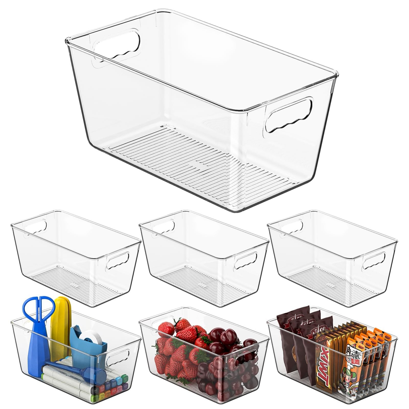 6 Pack Clear Storage Bins Set – Fridge & Pantry Organizer Containers with Handle