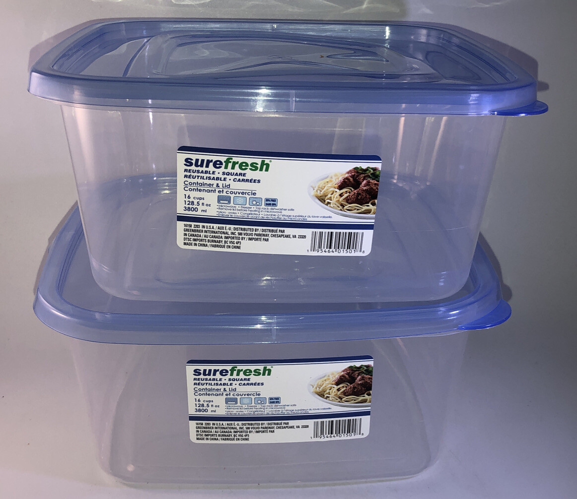 2ea 16 Cup/128 oz ea Sure Fresh Dry/Cold/Freezer Food Storage Containers W Lids