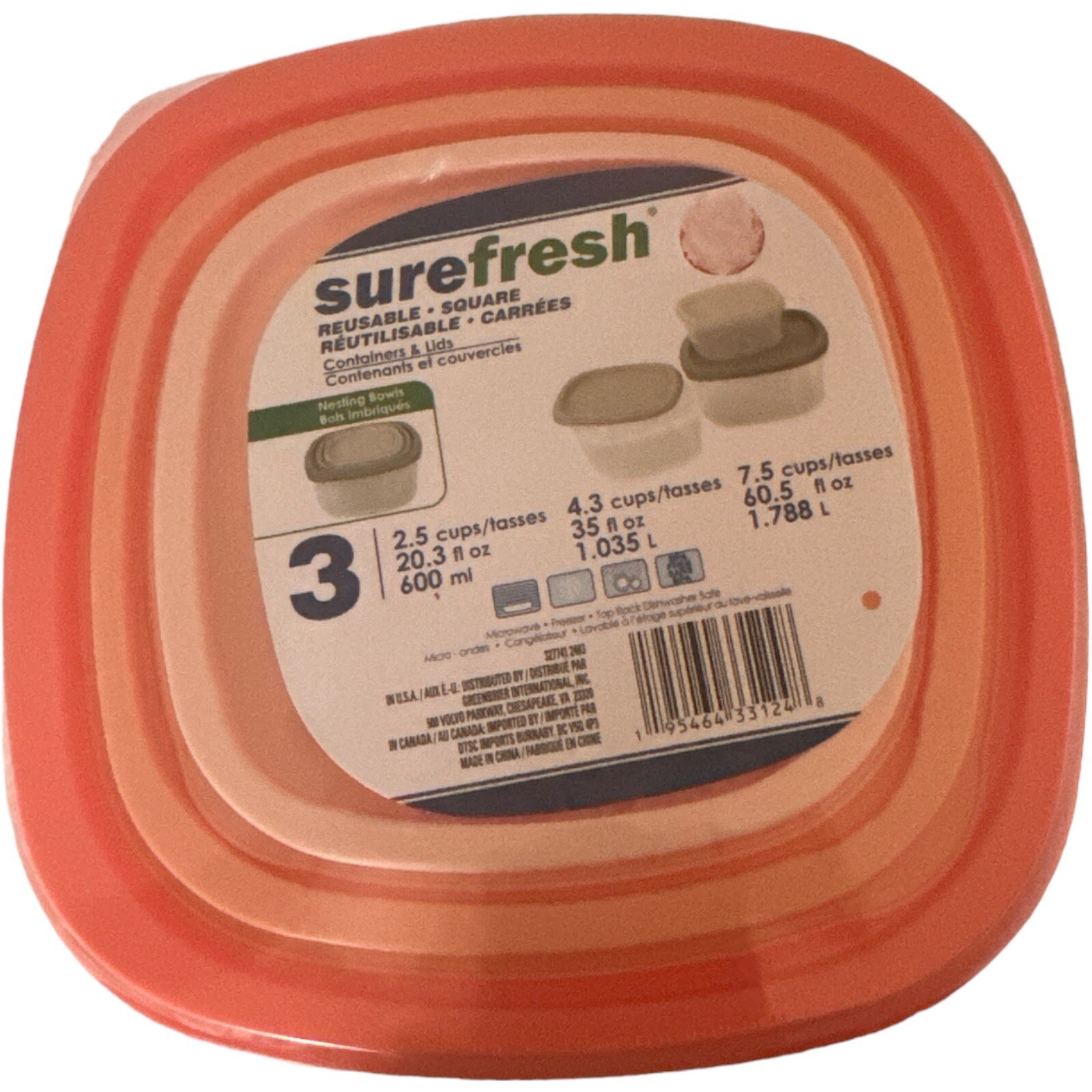 Sure Fresh 3 Pack Reusable Square Containers With Lid Coral Orange new