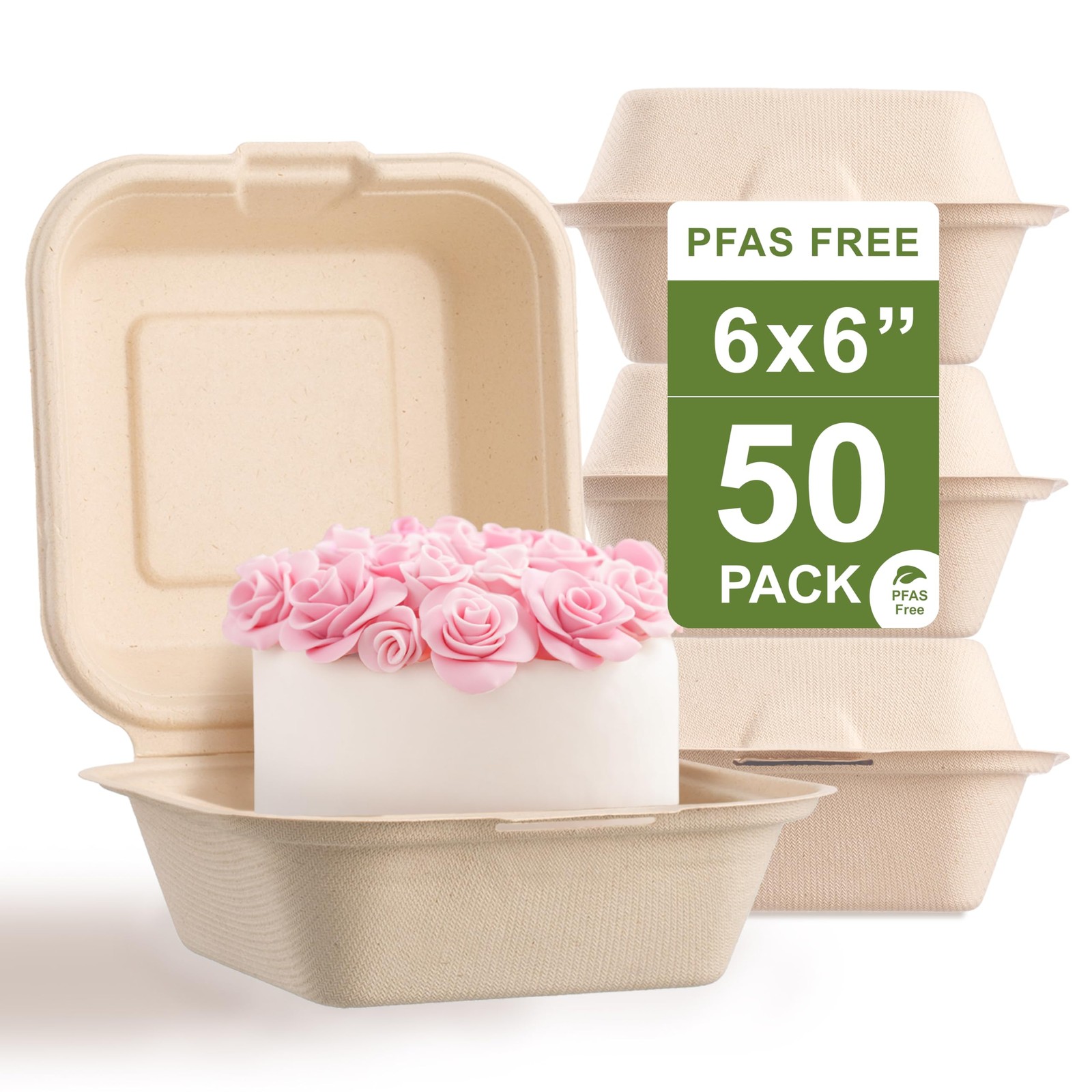 Compostable Square Hinged Container 6×6″ Clamshell Takeout Box Bagasse 50 PCS