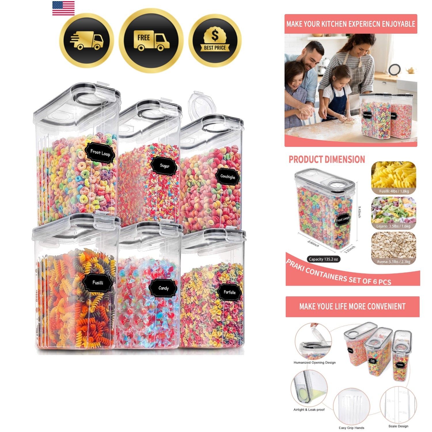 Large Dry Food Storage Containers with Lids, 6PCS Airtight Cereal Containers …