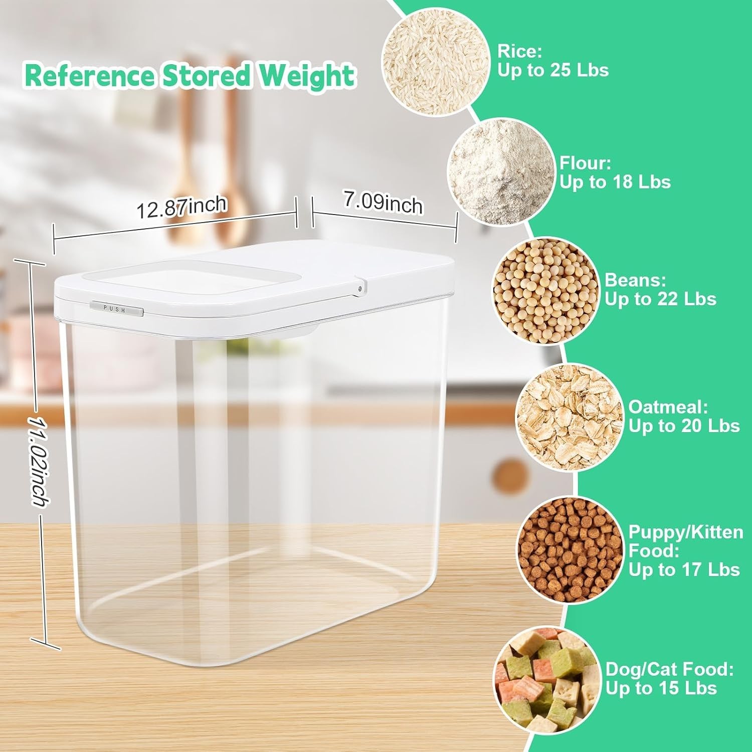 Rice Flour Storage Container W/ Automatic Flip-up Lid 25 Lbs 12.68 Qt Tall