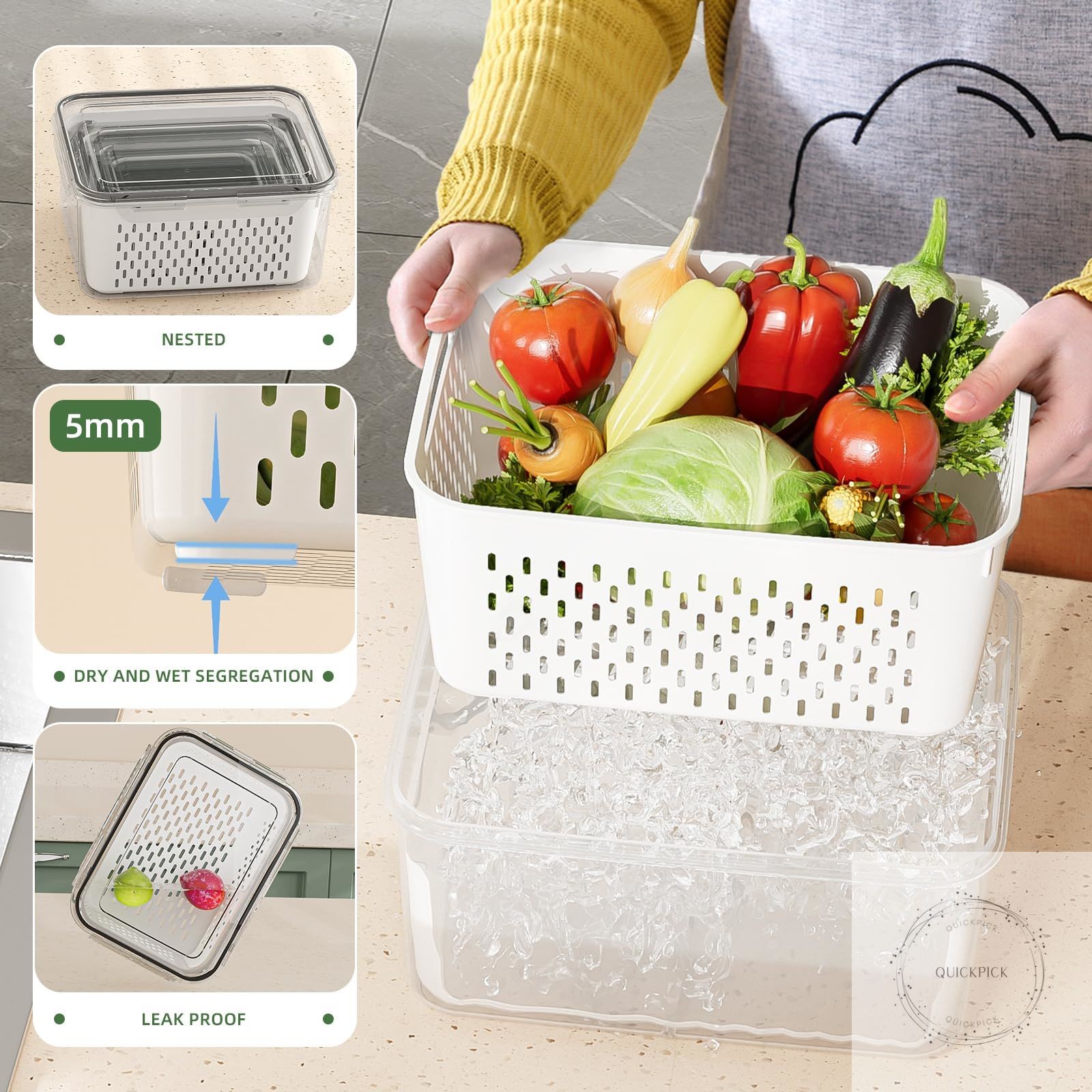 5 Pack Fruit Storage Containers for Fridge with Removable Colanders Food Storage