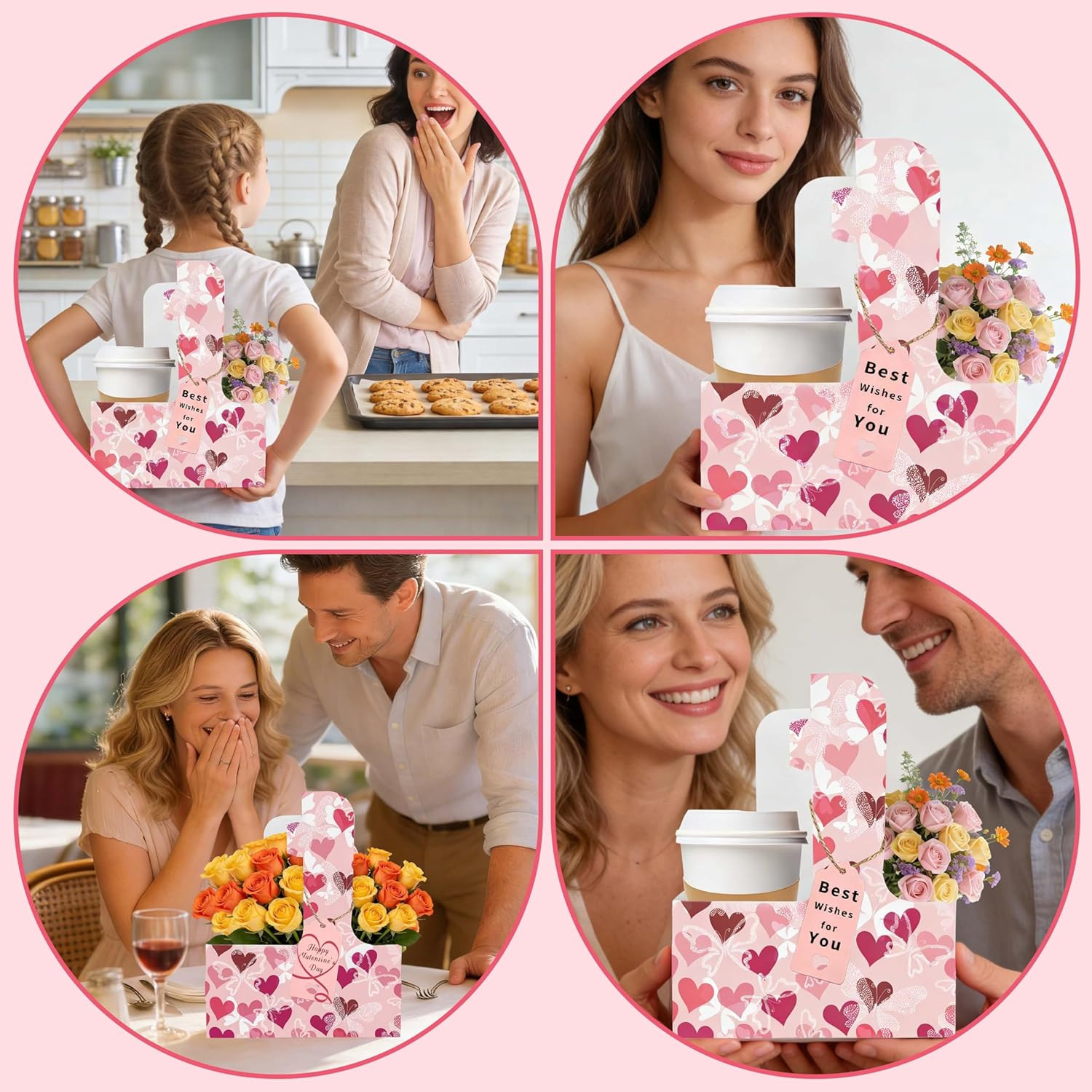 8 Set Drink Carrier,Cardboard Cup Holder with Love, Coffee Cup Holder with Handl