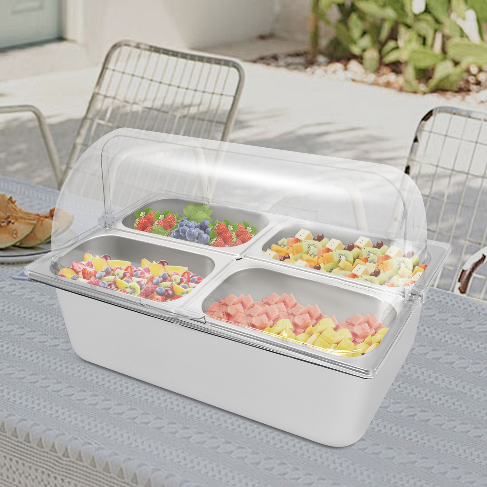 4-Compartment Stainless Steel Serving Container With Flip Lid 53.5×33.5×15cm