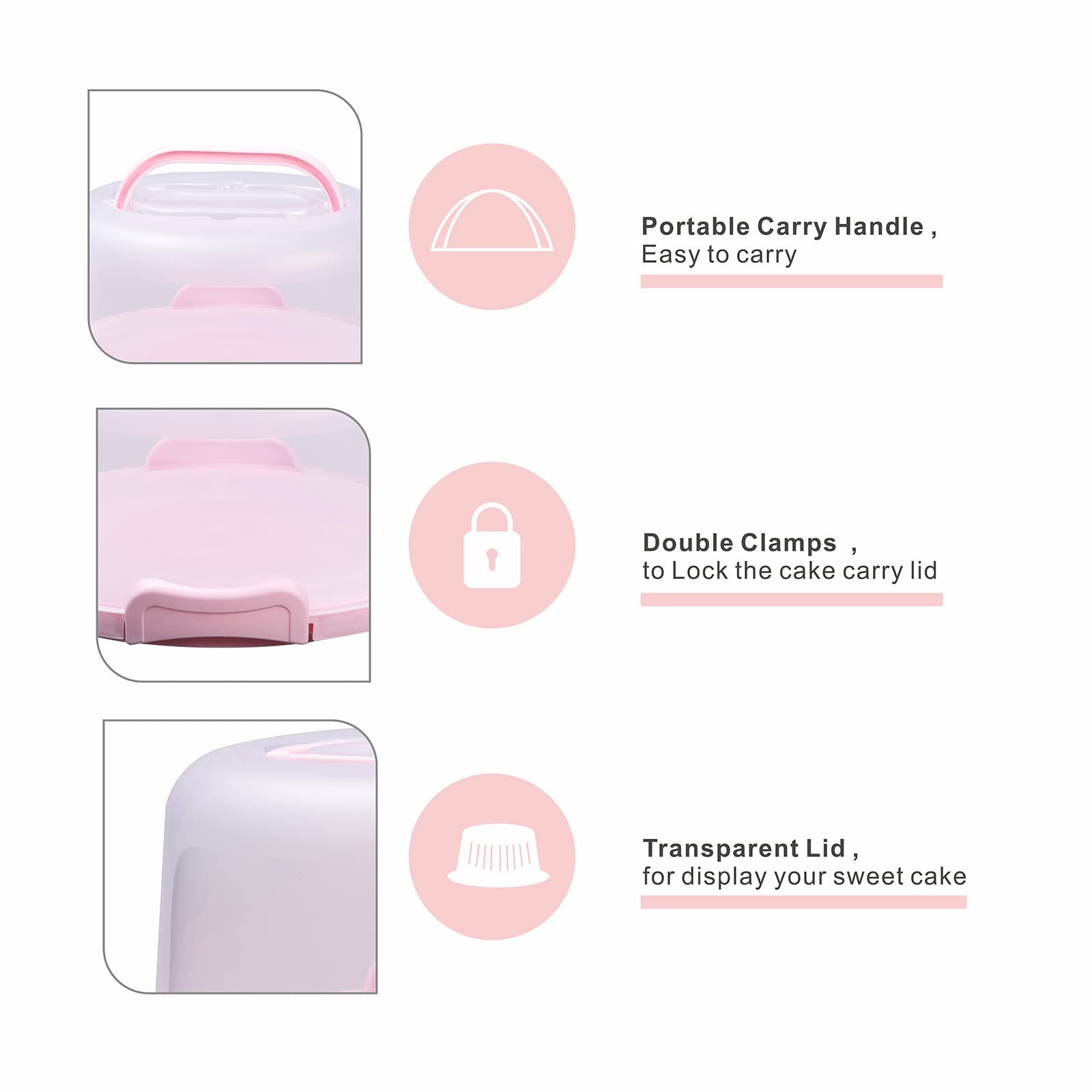 10in Plastic Cake Carrier with Handle, Round Cake Holder with Lid Pink Cake C…