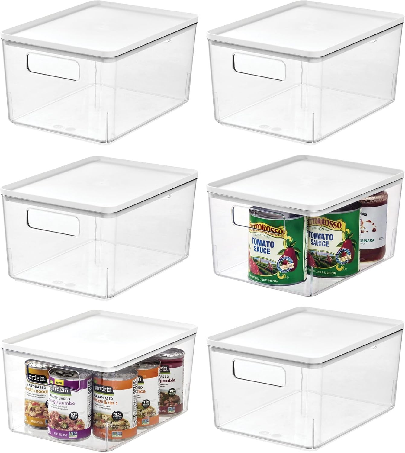 Set of 6 Clear Plastic Pantry Bins with Removable Lids and Handles