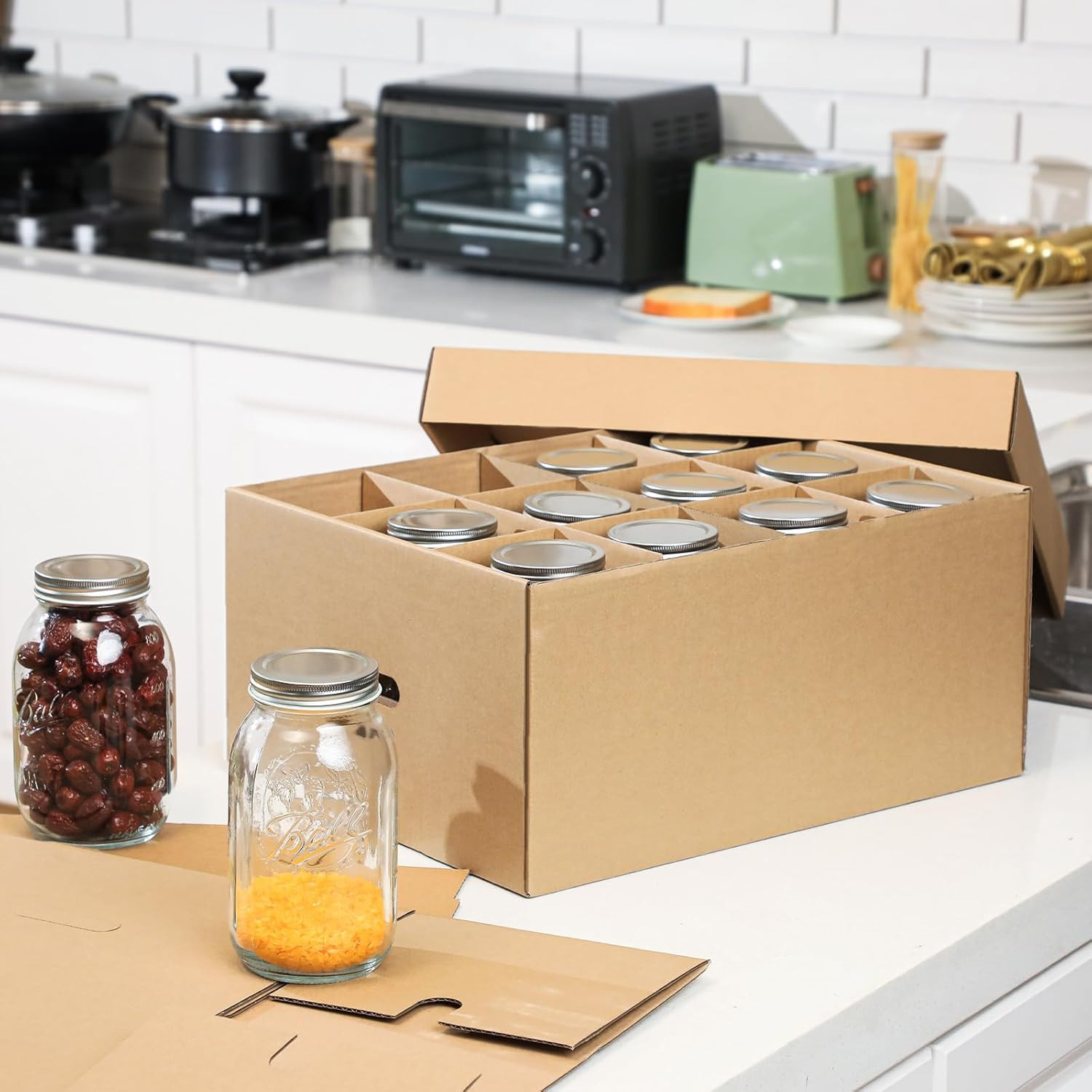 Mason Jar Storage Box Set – 12 Stackable Containers with Handles for Moving