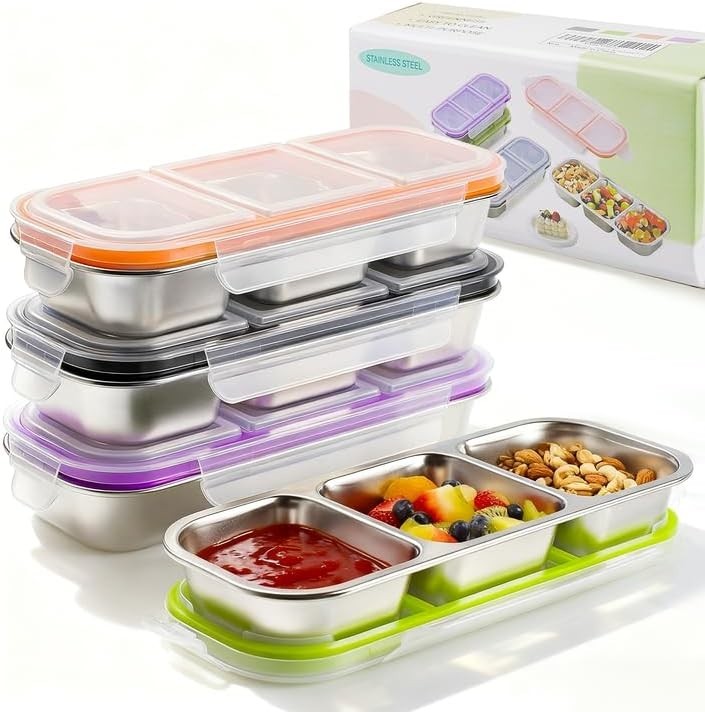 4 Pack Stainless Steel Snack Containers with Lids, 3-Compartments Reusable Lu…