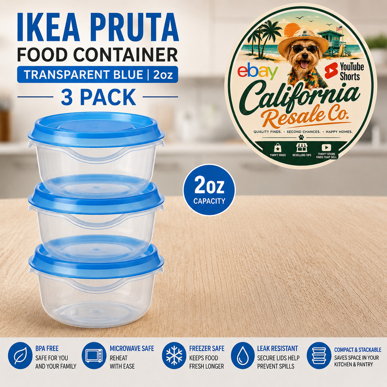 3 PACK Brand New IKEA PRUTA Food Container Transparent Blue 2oz