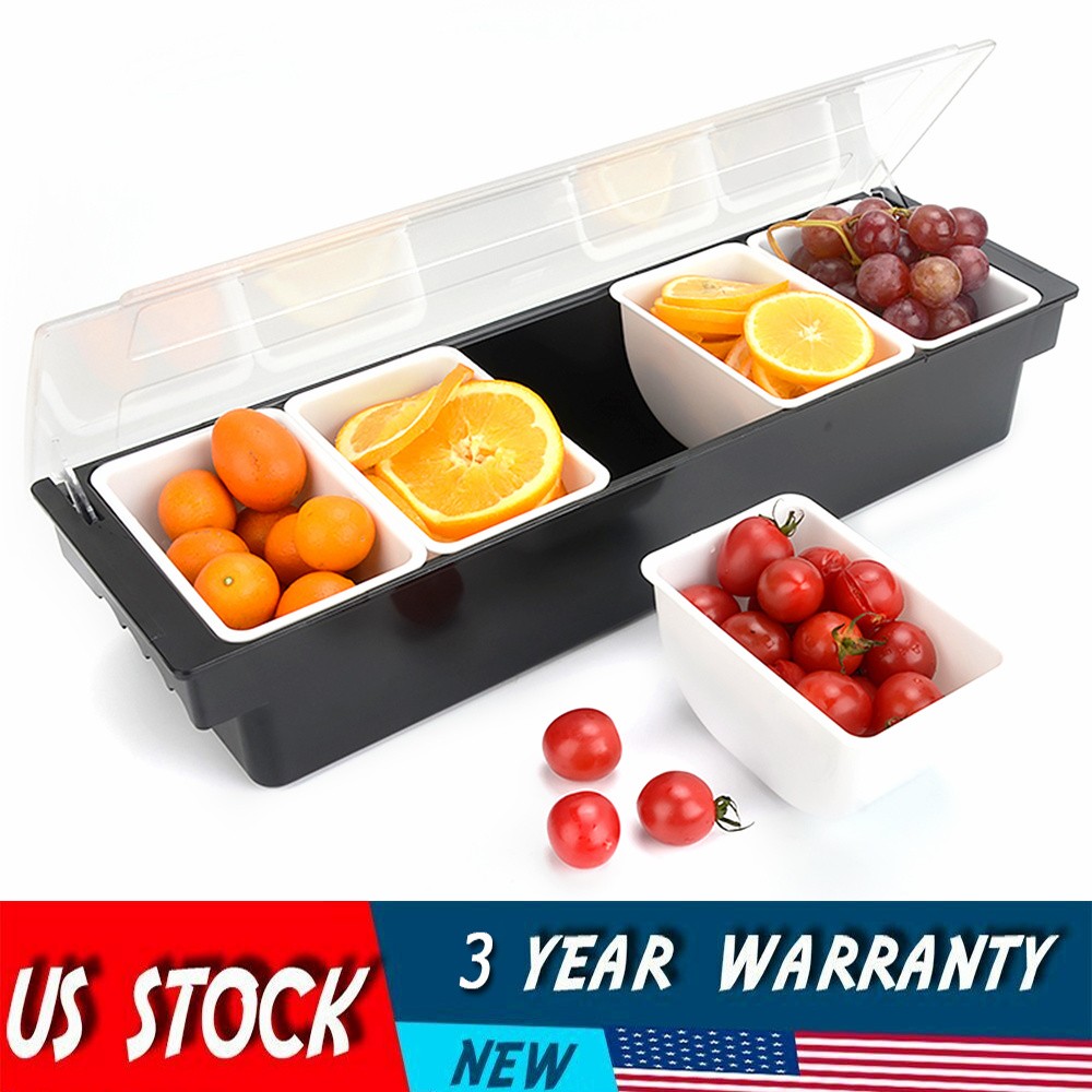5-Compartment Condiment Server Caddy With Lid | Ice-Chilled Tray Black/White
