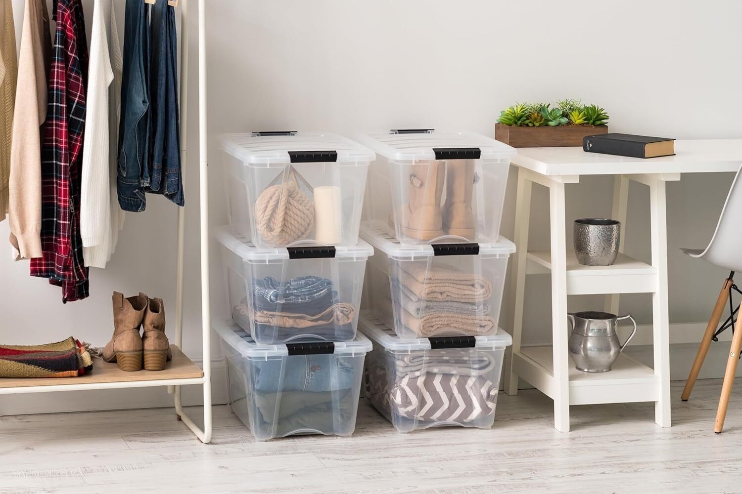 6 Pack 32 QT Plastic Storage Box w/Lid and Latches Nestable Stackable Containers