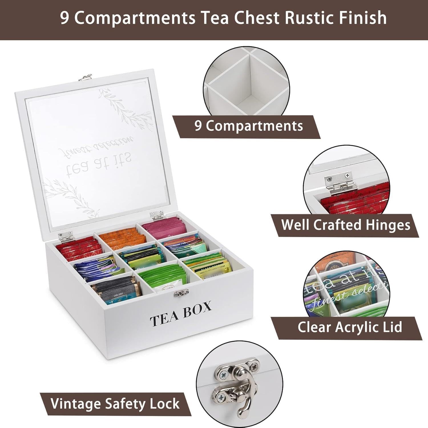 handrong Tea Box Organizer,Wood Bag Holder 24*24*9.5cm, White