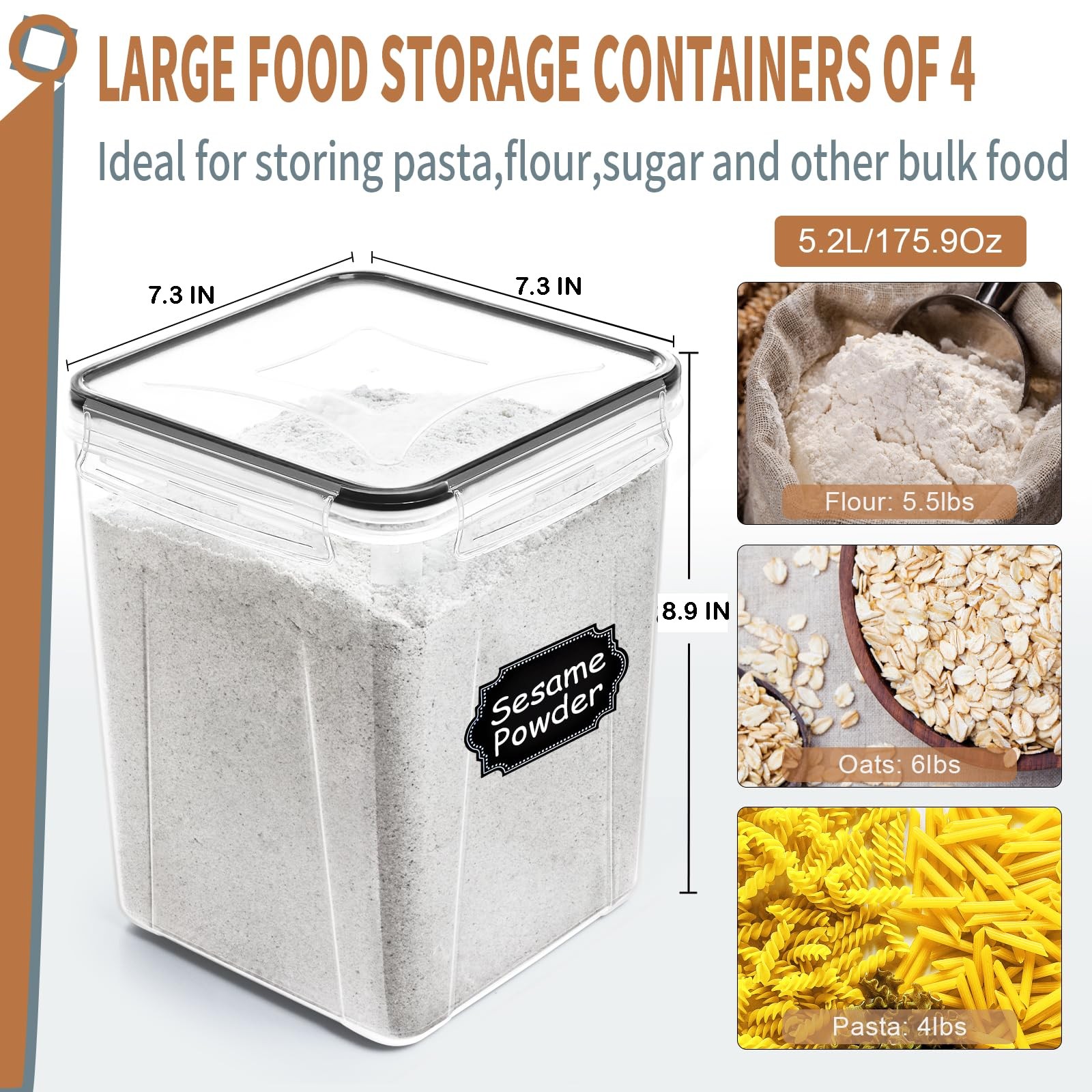 Large Airtight Food Storage Containers 5.2L / 195oz, 4pcs Pantry Kitchen Orga…