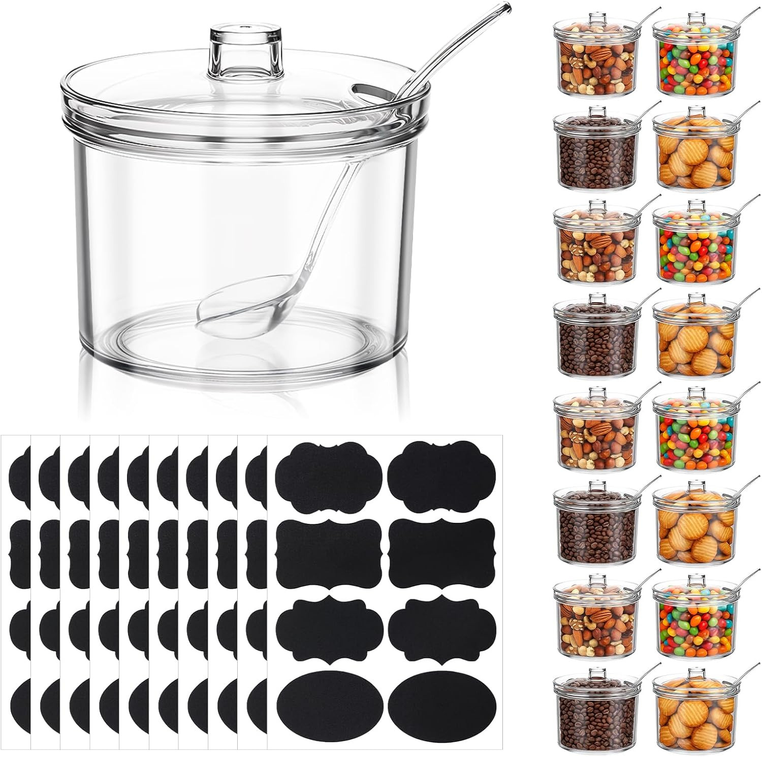 16Pcs Toppings Containers with Lids and Spoon with Tag, 7.1 Oz Clear Acrylic Sug