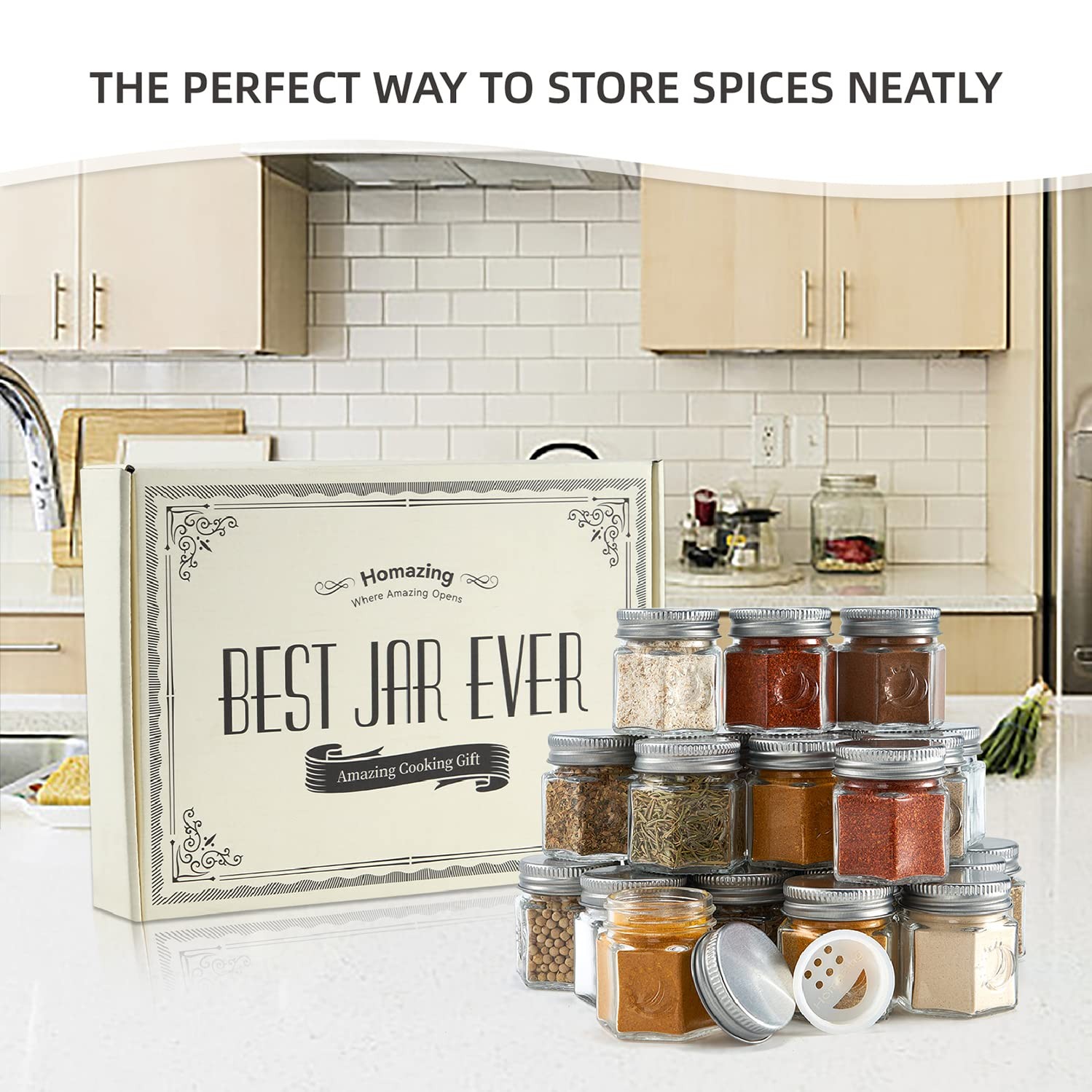 Set of 24 Hexagon Glass Spice Jars with Shaker Lids and Labels for Refrigerat…