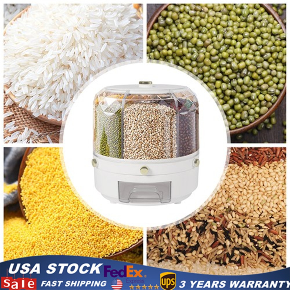 6-Grid Rotating Rice Dispenser Dry Grain Food Storage Container Tank for Kitchen