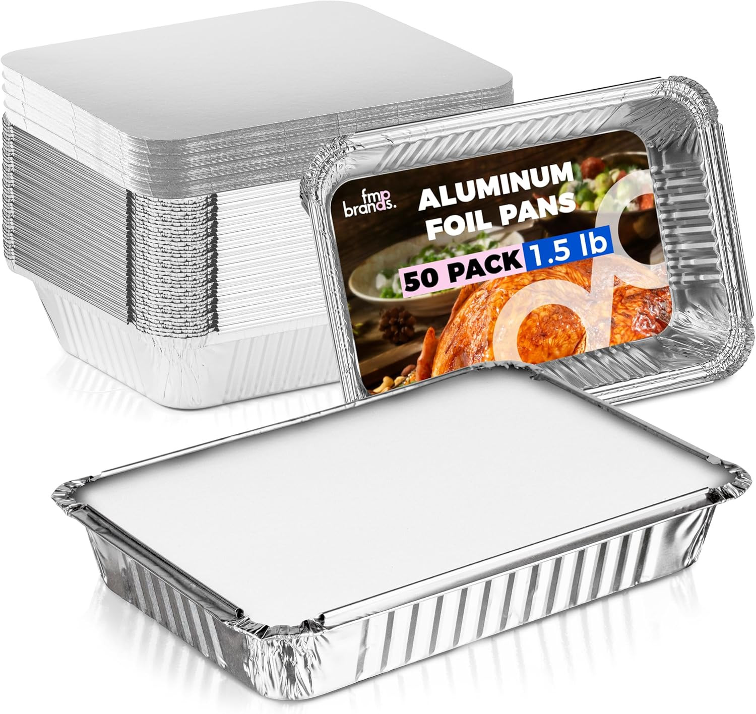 50 Pack 1.5 Lb Aluminum Foil Pans with Lids, Disposable Take Out Food Containers