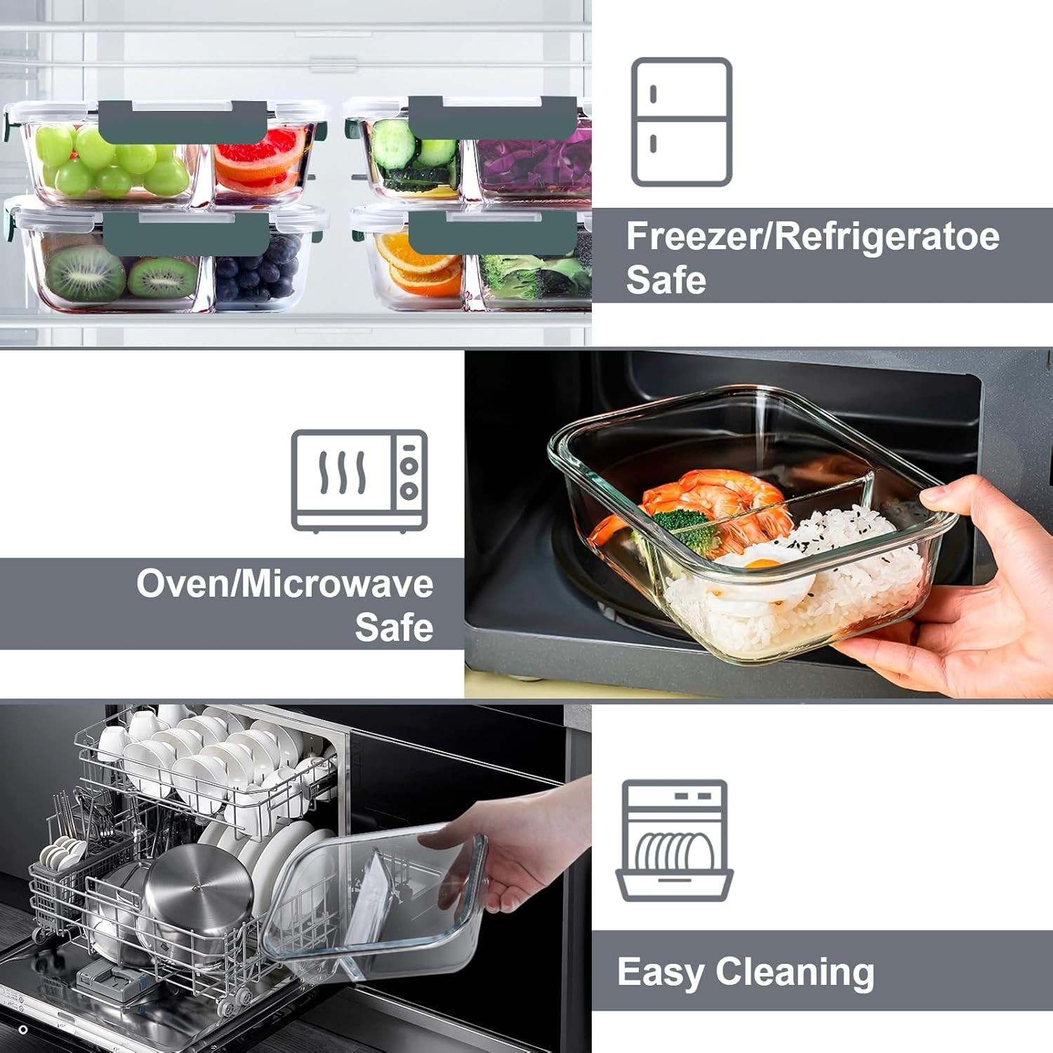 VERONES 5 Pack Glass Meal Prep Containers 2 Compartment Set, 36OZ Airtight Glass