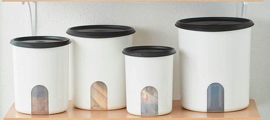 Tupperware Reminder Window Canisters & Toppers Set White w/ Black Seals Lids New
