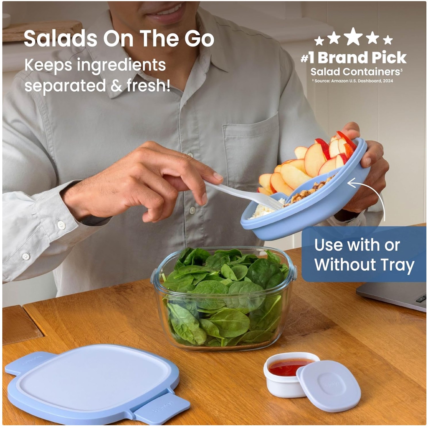 Leak-Proof Glass Salad Bowl with 4-Compartment Tray