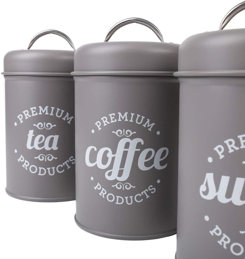 Canister Set of 3 Metal Food Storage Tin /Jar with Lid 4″L x 4″W x 6″H