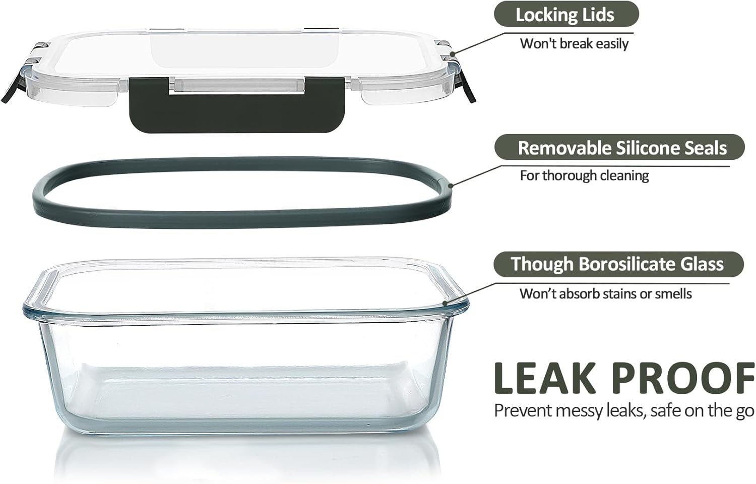 5-Packs, 36 Oz Glass Meal Prep Containers with Snap Locking Lids Glass Food C…