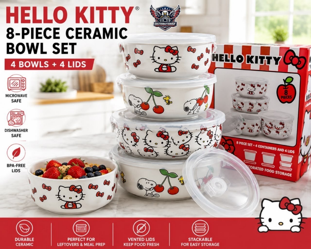 Hello Kitty 8 Piece Ceramic Food Storage Bowl Set w/ Lids Microwave Safe
