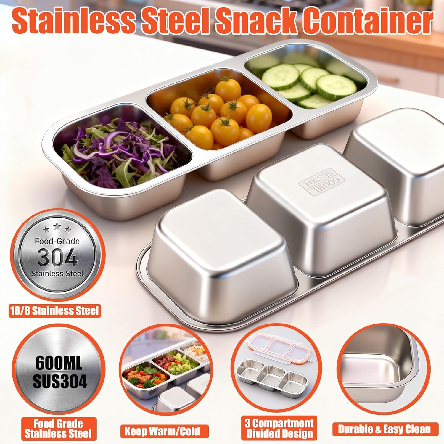 Stainless Steel Snack Container,Leak-Resistant Metal Snack Containers,Divided Be