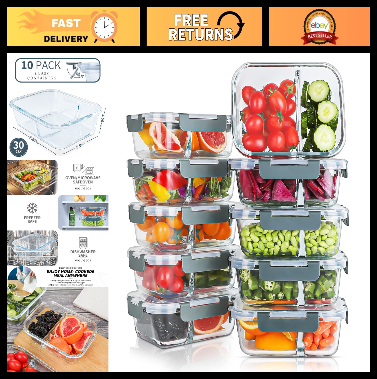 10 Pack 30oz Glass Meal Prep Containers – 2 Compartment Food Storage, Airtight B