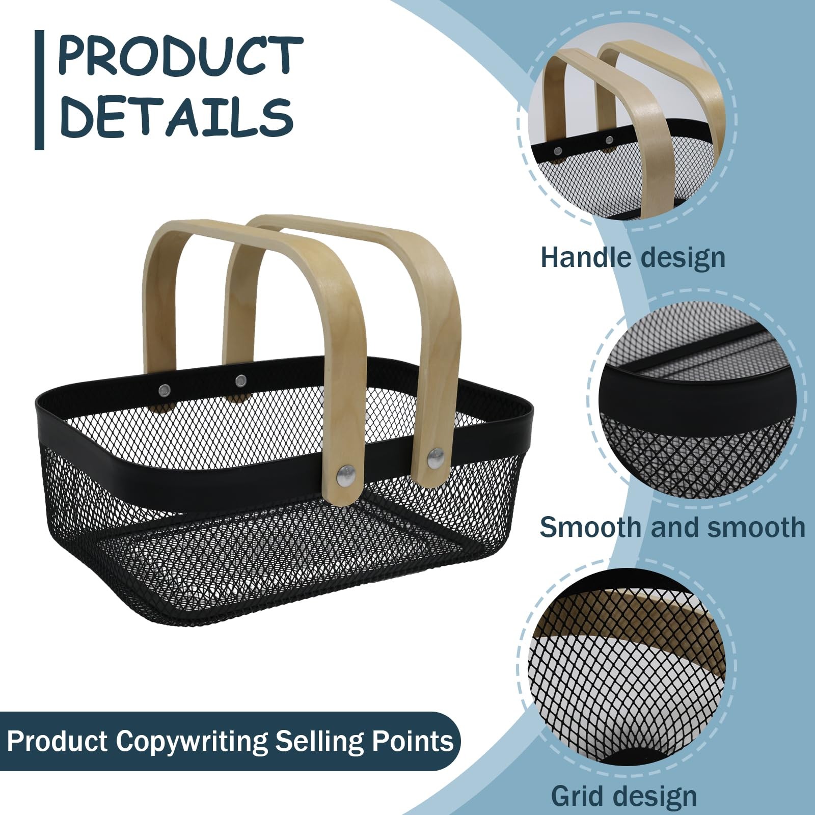 2 Set Potato Onion Storage Bin Fruit Basket Metal Wire Wooden Handle Black