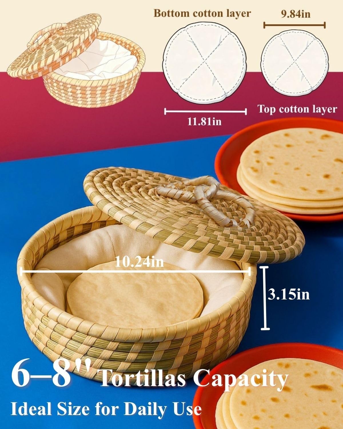 Handwoven Seagrass Tortilla Warmer Basket with Lid, 9.6″ Breathable Natural T…